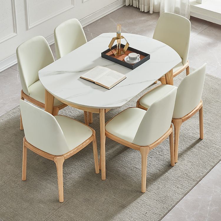 Round Contemporary Dining Room Table White Sintered Stone Table with 4 Ash Solid Wood Legs