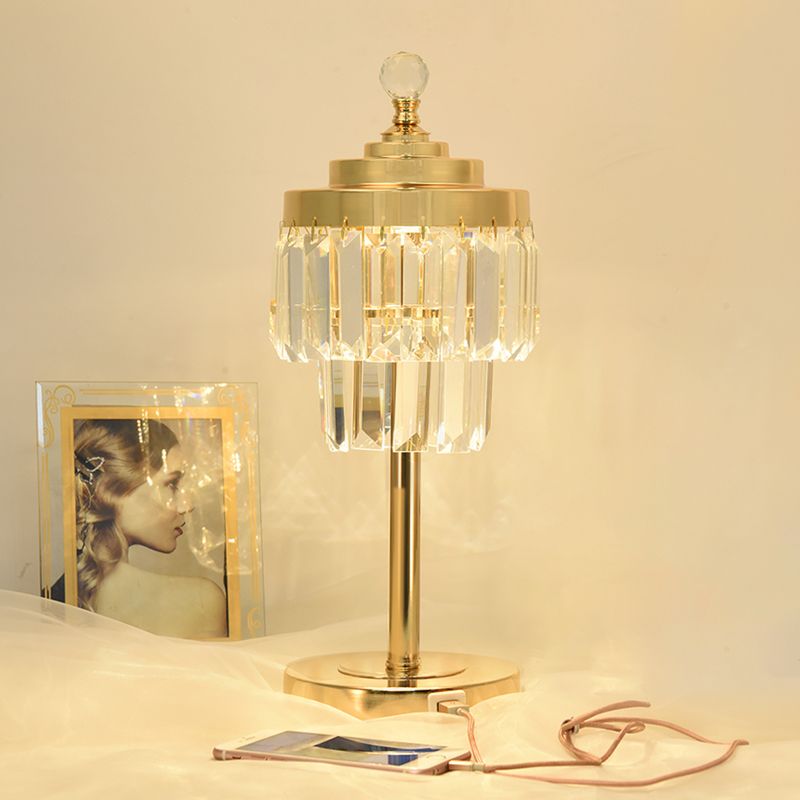 Gold LED Table Light Vintage Beveled Crystal Prism 2 Tiers Night Stand Lamp for Bedroom