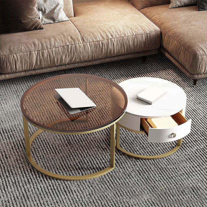 Modern Style Tempered Glass & Rock Sheet Top Gold Metal Base Round Coffee Table