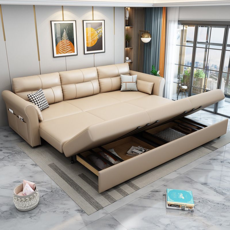 Scandinavian Beige Sleeper Sofa in Bonded Leather with Storage