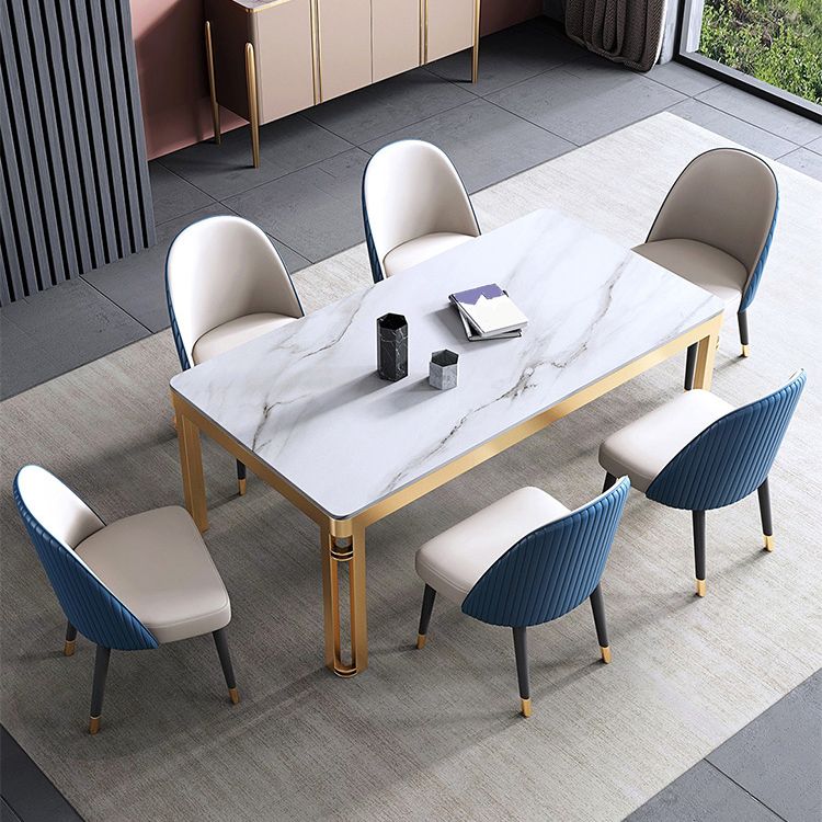 Traditionele luxe eettafel rechthoek gesinterde steen 4 poten tafel met gouden frame