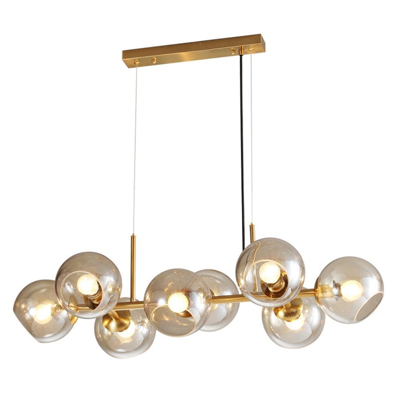 8 Light Mid-Century Gold Metal Island Pendant Lighting Spherical Glass Island Ceiling Light for Dining Table