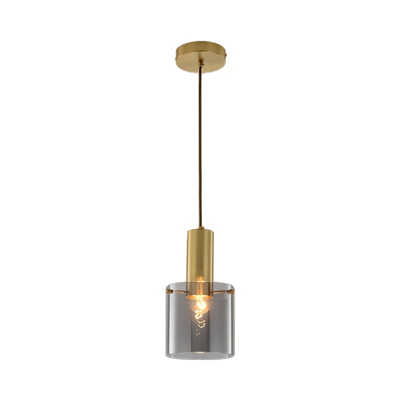 Cylinder Pendant Light Modern Clear Glass 1 Head Brass Hanging Ceiling Light for Dining Room