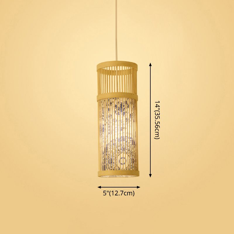 Chinoiserie gewebte Hängende Leuchten Bambus Single Tea Room Deckenleuchte mit Drucklampenkel