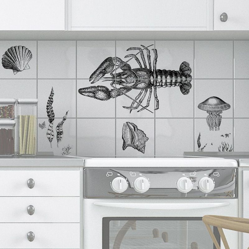 Stick On Grey Kids Wallpaper Panels 8' x 8" Lobster and Sea Shell Pattern Wall Art for Home