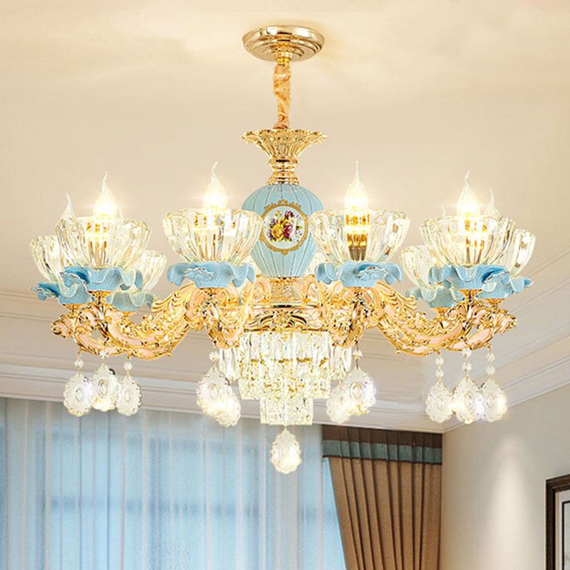 Klares Glasschüssel Kronleuchter hell modernistische Anhänger -Beleuchtung mit Kristalltropfen in Gold
