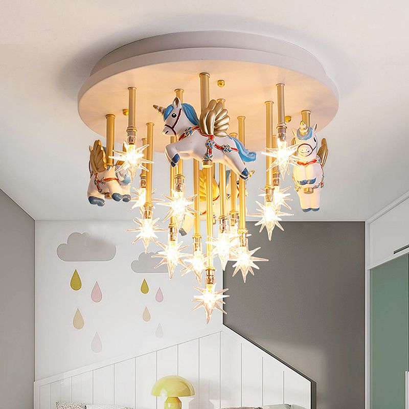 Resin Horse/Bird/Crane Ceiling Light Fixture Kids 13/16 Lights Blue/Pink Flush Mount Lighting with Clear Glass Shade