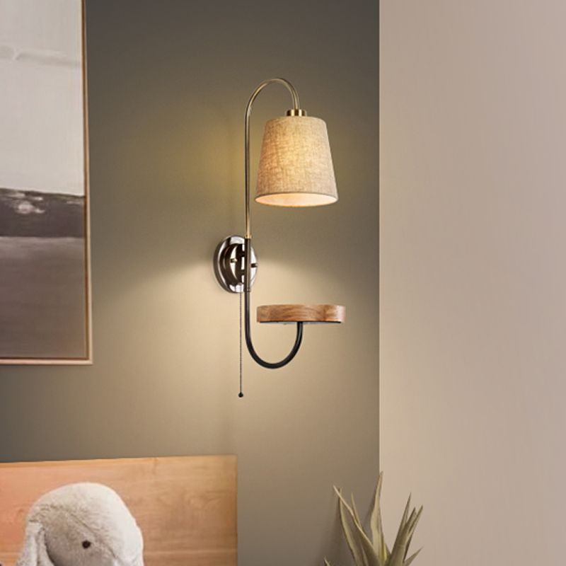 Conical Fabric Pull Chain Wall Mount Lamp Modern Single Wood Sconce Light with USB Port and Wood Rack