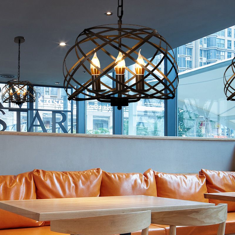 Black 3 Lights Chandelier Light Fixture Country Metal Caged Pendant Lamp for Dining Room