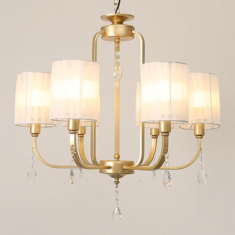 Brass 6 Heads Chandelier Lighting Country Style Fabric Cylinder Pendant Light for Living Room