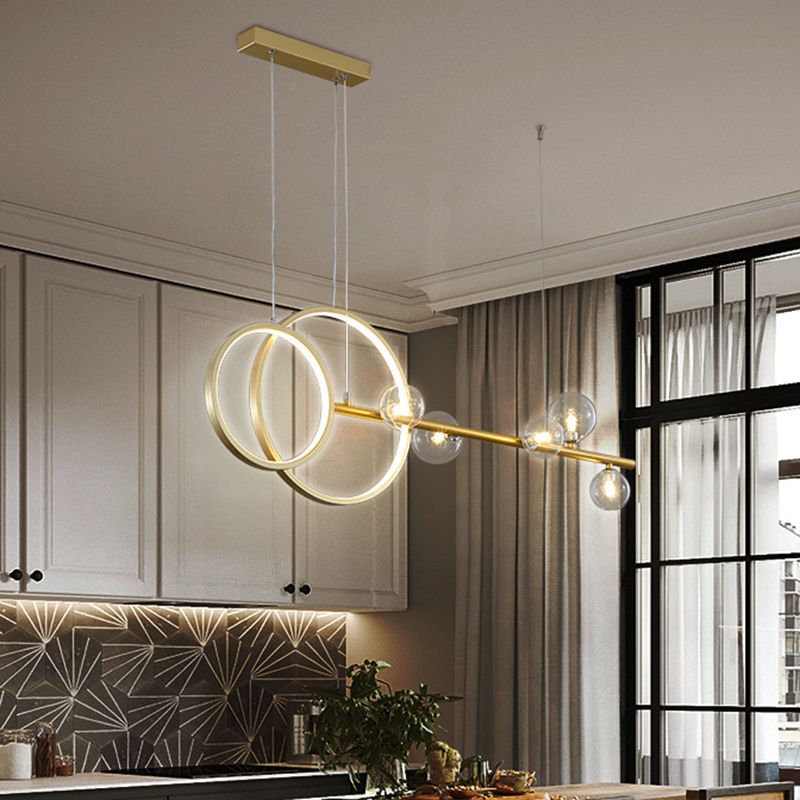 Sphere Glass Sphere Island luminaire simple 5 têtes LED LED Lampe suspendue Kit de lampe en or avec conception de cercle métallique