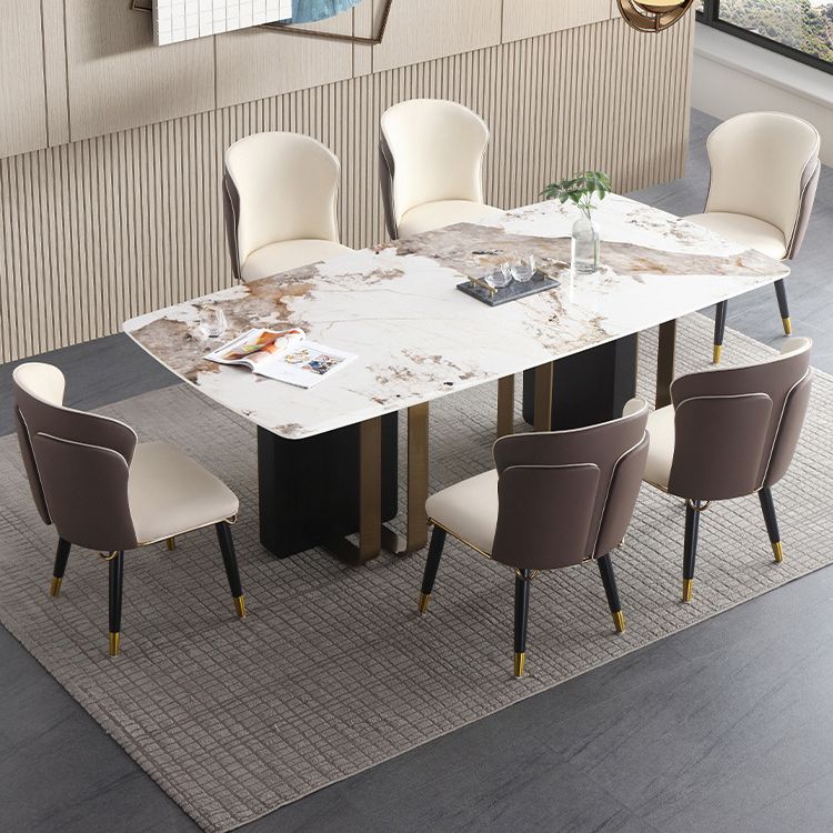 Luxury Sintered Stone Top Dining Table Rectangle Table with Double Pedestal in Black and Gold