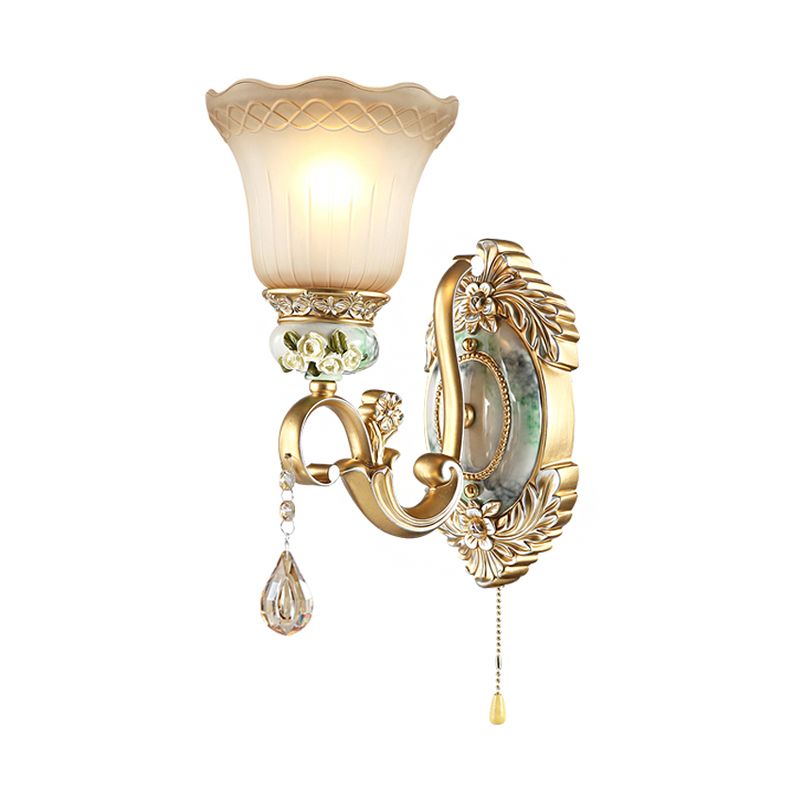 Wave-Trimmed Bell Opal Glass Wall Lamp Traditional 1/2-Head Living Room Sconce with Carved Rose Detail in Gold