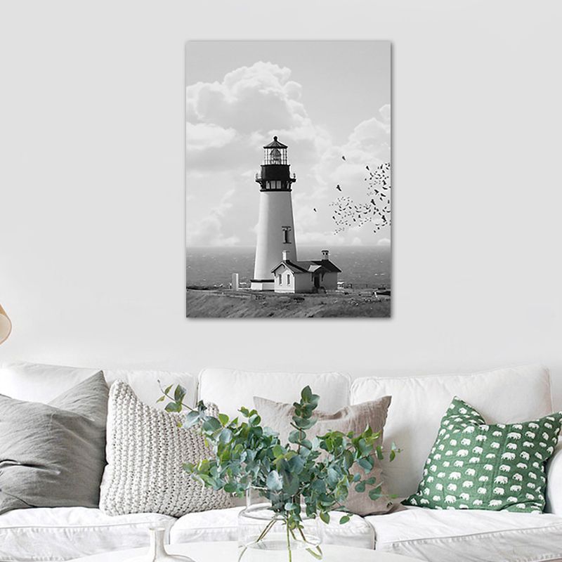 Gray Lighthouse Scene Painting Textured Vintage Style Dining Room Canvas Wall Art