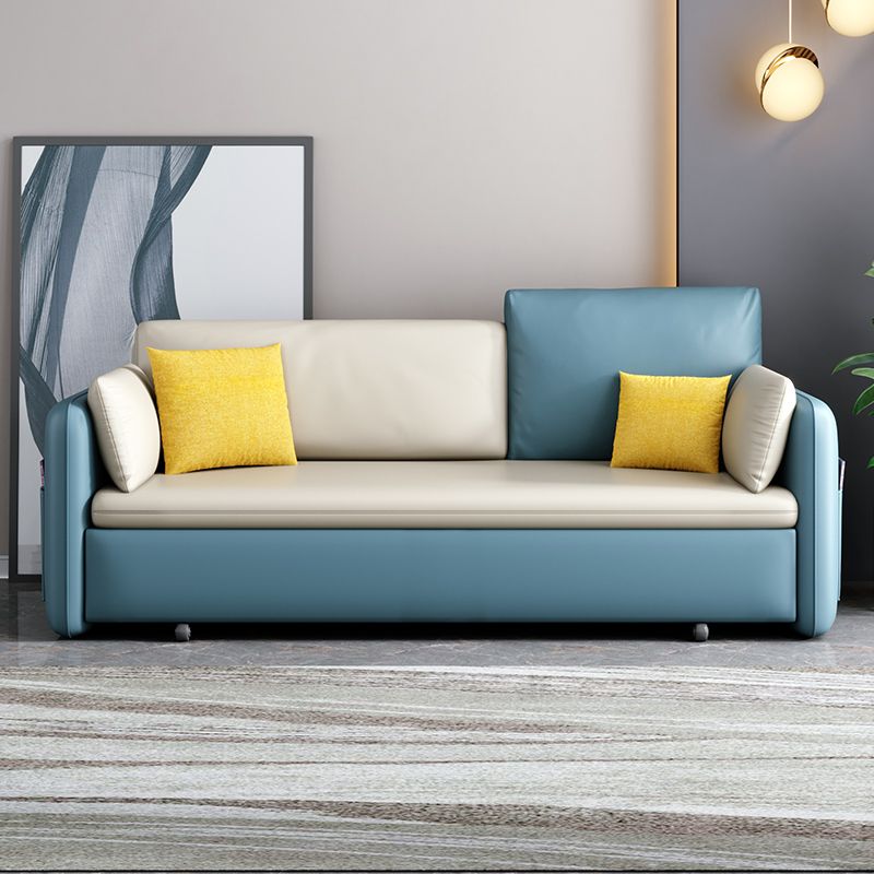 Faux Leather Sofa Bed Contemporary Square Arm Convertible Sofa in Blue