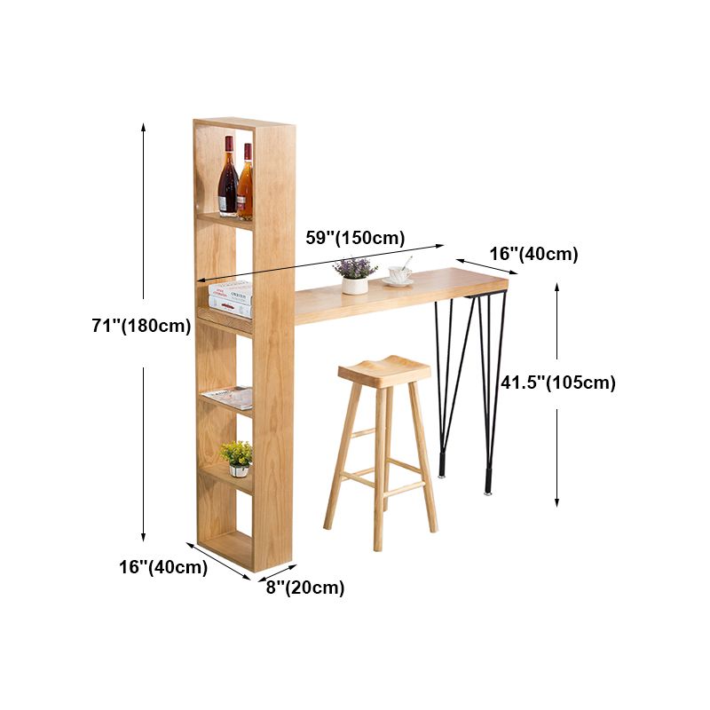Modern Wood Natural Bistro Accent Dining Table Rectangle Bar Table with Wine Rack