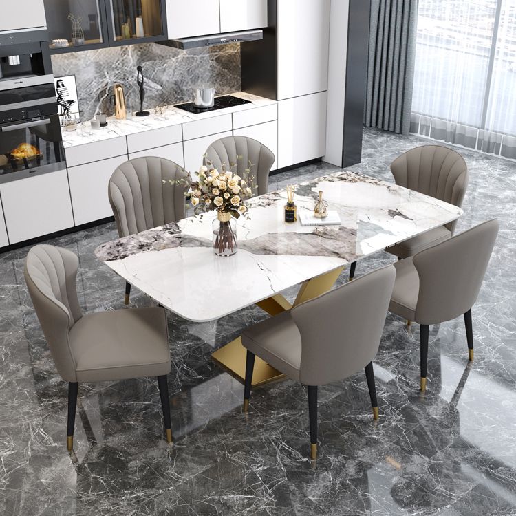 Rectangle Glam Dining Table White Tone Fixed Table with Sintered Stone