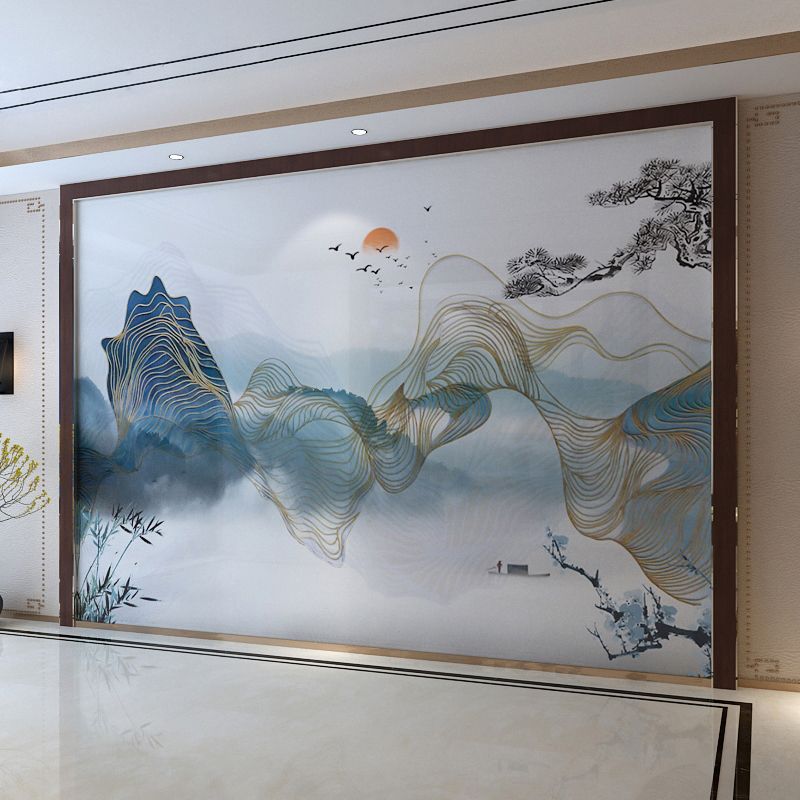 Traditional Mountain and Sun Mural for Gallery, Full Size Wall Covering in Blue and Green