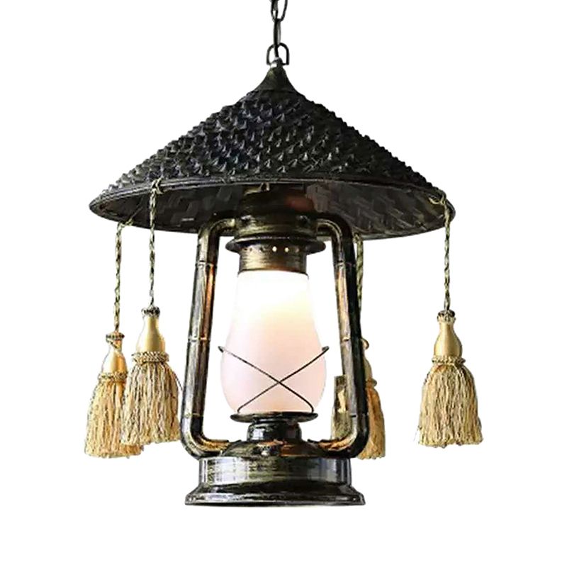 Gefrertete Glaslaterne Hanging Lamp Lodge Style 1 Kopfschwarz Deckenleuchte mit Hutdesign für Balkon