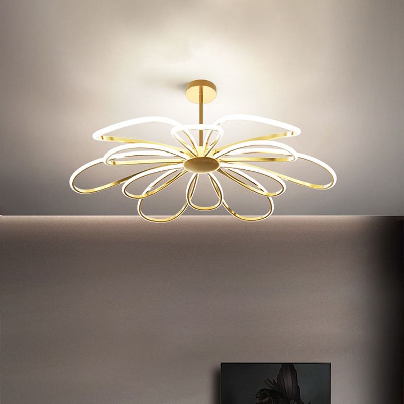 Flower Chandelier Light Fixture Simple Metal Living Room LED Hanging Light Kit in Gold