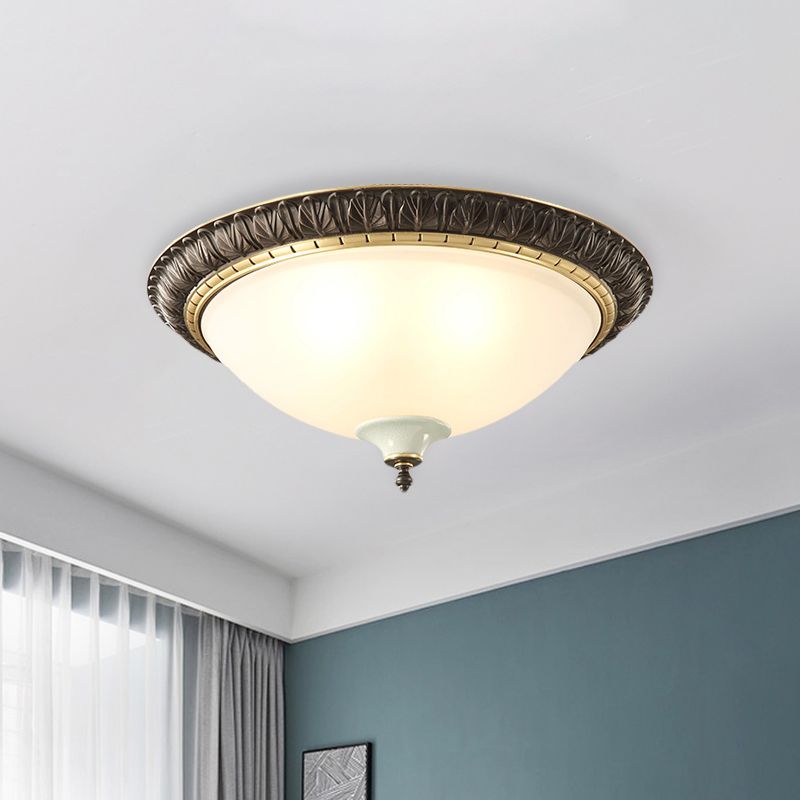 Milk Glass Black Ceiling Lamp Dome Shade 3-Head Traditional Flush Mount with Leaf/Flower Trim