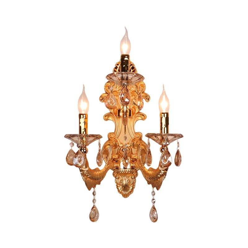 3-Head Candelabra Wall Sconce Traditional Gold Crystal Droplets Wall Lighting Fixture with Shade/Shadeless