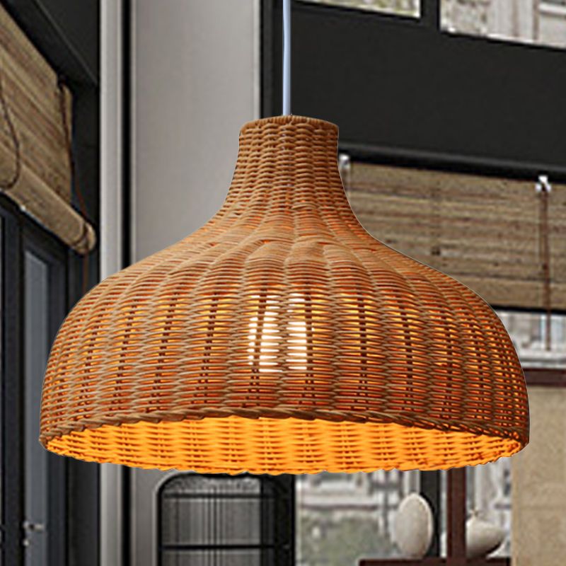 Lámpara colgante de cúpula china Rattan 1 Bulbo de techo Luz de techo en naranja para restaurante