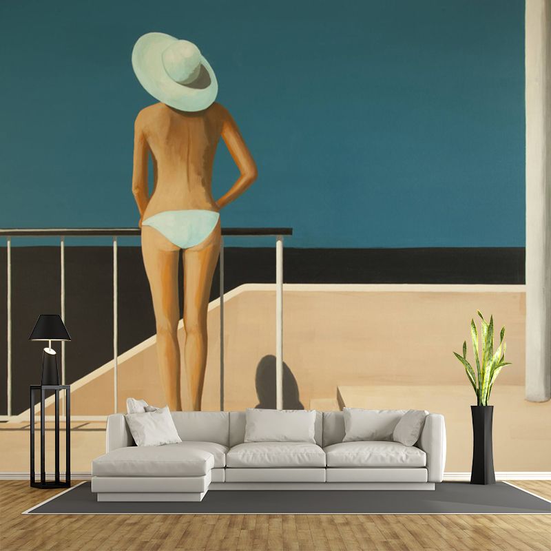 Woman in the Hat Mural Wallpaper Blue-Brown Artistic Wall Decoration for Bedroom
