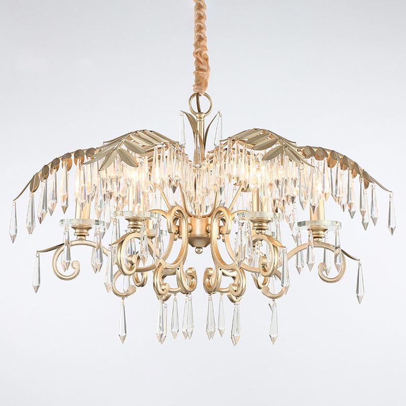 Crystal Palm Leaf Chandelier Colonial Style Dining Room Ceiling Suspension Lamp in Gold