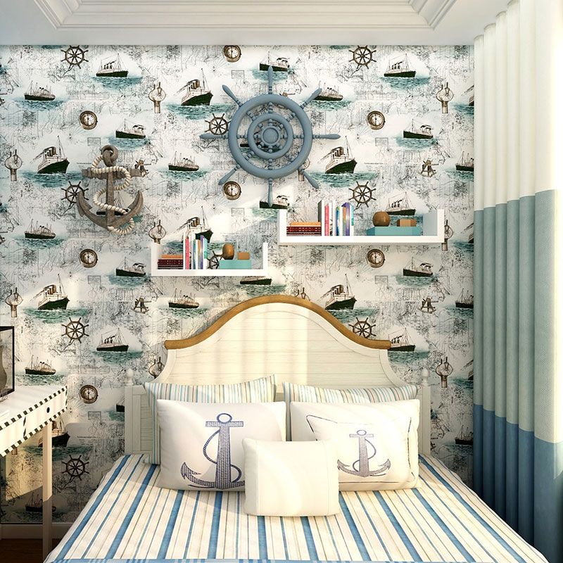 Sailing Boat Wall Covering in Pastel Color, Retro Wallpaper Roll for Kid's Bedroom