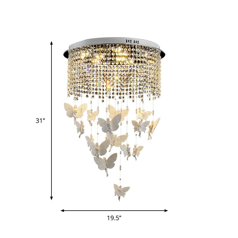 Clear Crystal Strand Drum Flush Light Contemporary 19.5"/23.5" W LED Silver Ceiling Lighting with Butterfly Fairy Deco in Warm/White Light