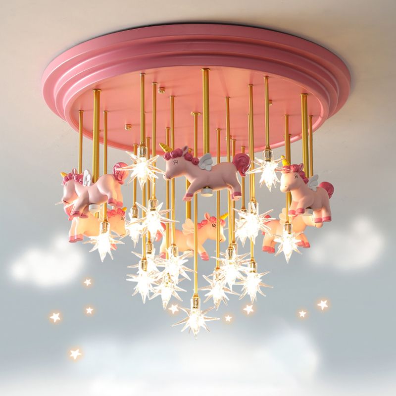 Childrens Star Shade Flush Mount Light Clear Glass Child Room LED Semi Flush Ceiling Light with Unicorn Decor