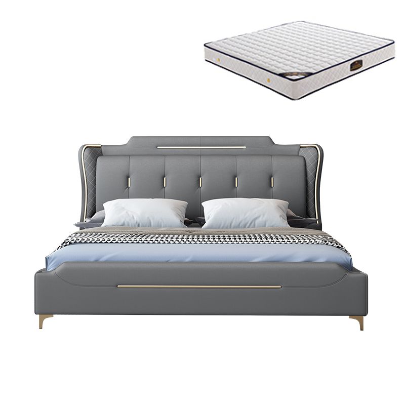 Faux Leather Glam Panel Bed with Wooden Upholstered Headboard