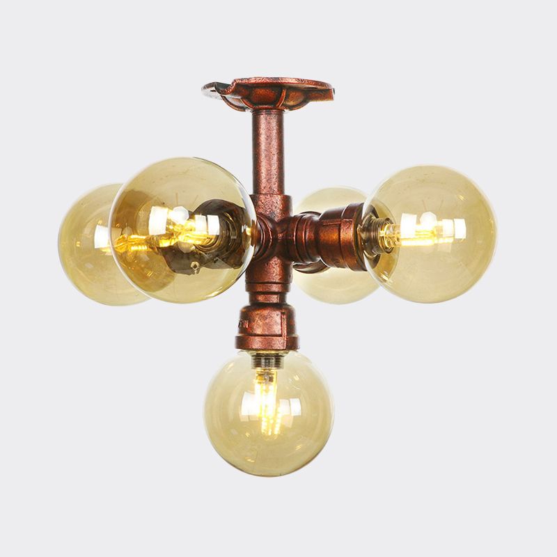 Farmhouse Global Semi Mount Lighting Luminaire encastré à LED en verre ambré à 4/5/6 lumières en cuivre