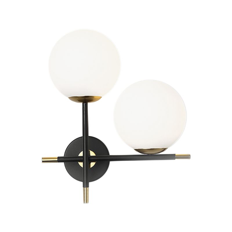 Contemporary 2 Bulbs Sconce Black Globe Wall Mounted Light Fixture with Milky Glass Shade