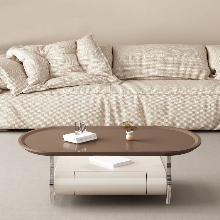 Brown Elliptical Coffee Table 15.7" H 1-Shelf & 1-Drawer Cocktail Table with Acrylic Legs
