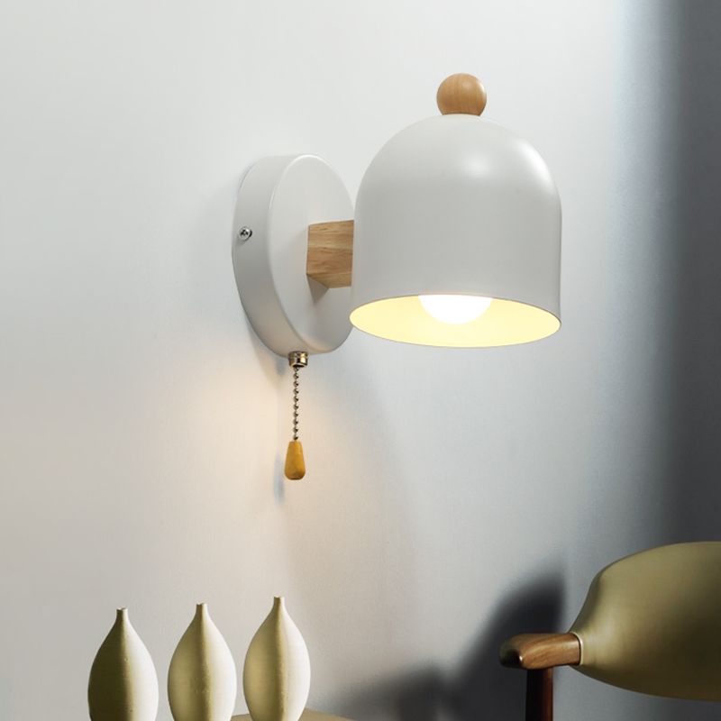 Tube Metal Wall Lamp Contemporary 1 Head White Sconce Light Fixture with Swing Wood Arm and Pull Chain