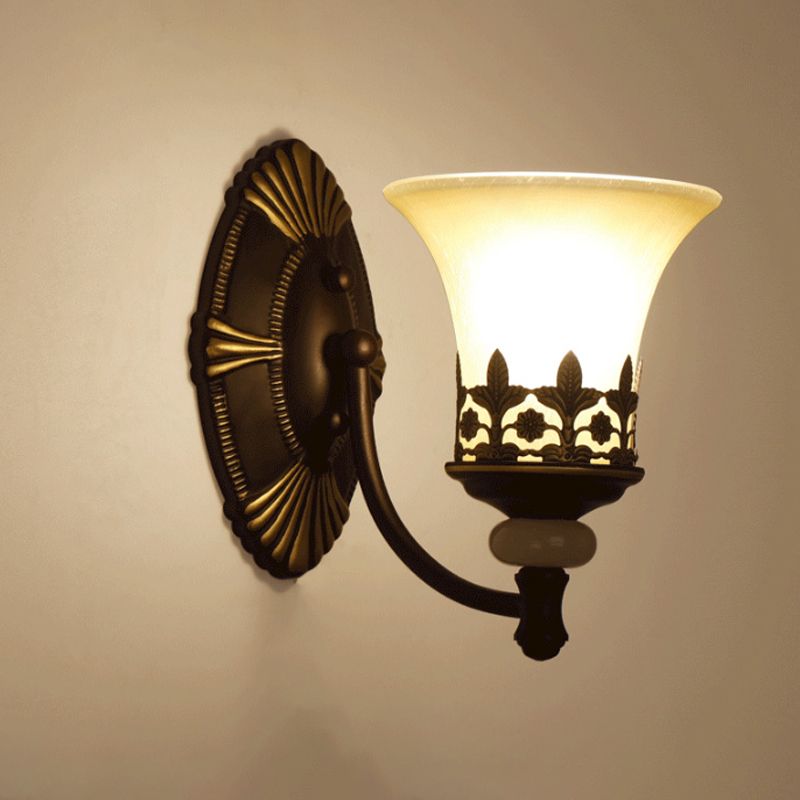 Flared Shade Beige Glass Wall Mount Light Retro Living Room Wall Lighting with Filigree in Dark Brown