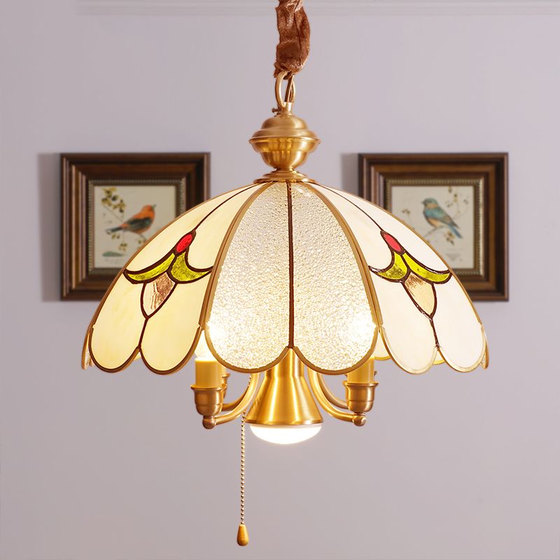 5 Bulbs Scallop Pendant Lamp Colonial Gold Frosted Glass Chandelier Light Fixture for Study Room