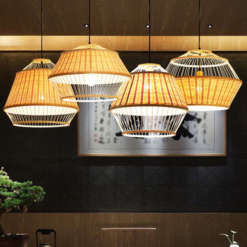 Hand Twisted Ceiling Suspension Lamp Asian Rattan 1 Bulb Bedside Pendant Light in Wood