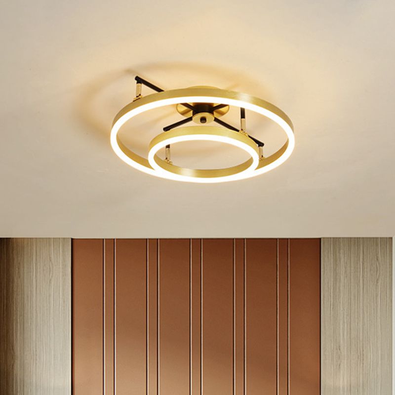 Gold Double Hoop Semi Flush Mount Lamp Simple LED Metallic Ceiling Light Fixture in Warm/White Light, 19.5/23.5 Inch Wide