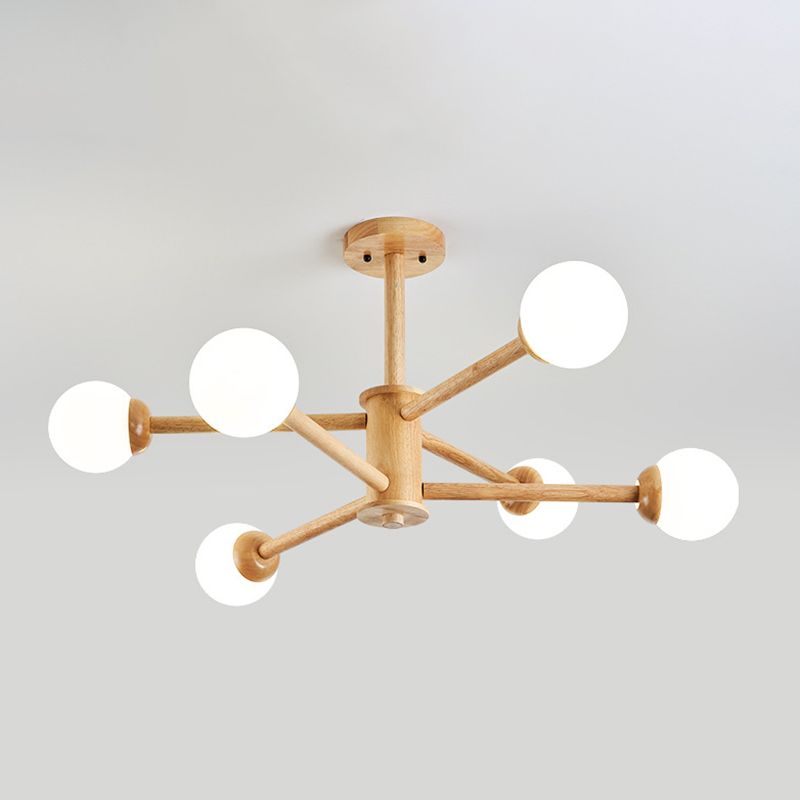 Modern Style Wooden Chandelier Ceiling Hanging Light Fixture with Glass Shade
