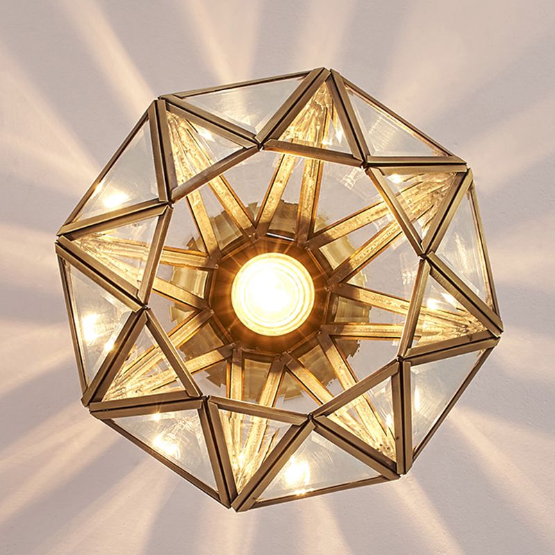 Vidrio ámbar retro incrustado en forma de diamante de latón 1 luz de techo semiincorporada en el vestíbulo