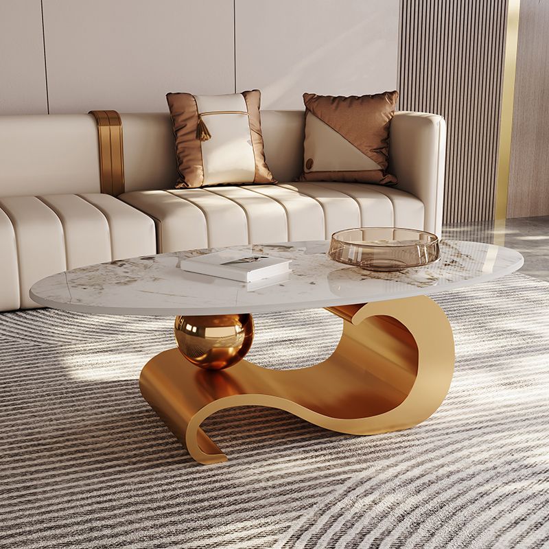 Stainless Steel Abstract Base Cocktail Table Oval Slate Top Coffee Table