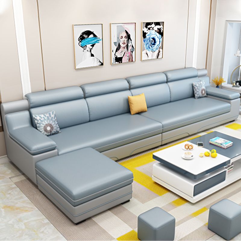 Contemporary Reversible Sectional Linen/Faux Leather Sofa with Ottoman for Four People