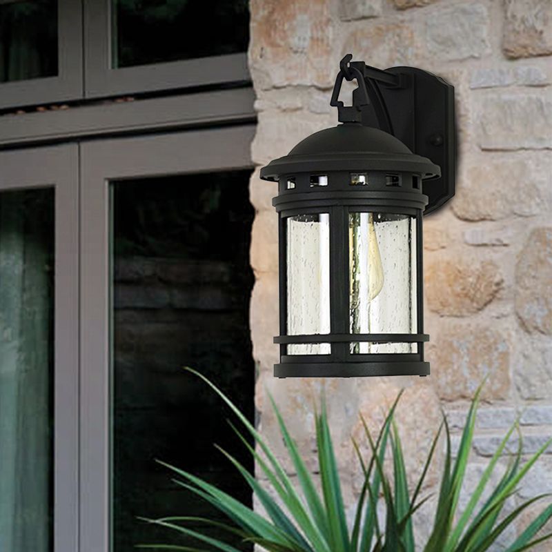 Clear Seeded Glass Lantern Sconce Rustic 1 Light Outdoor Wall Lighting with Metal Frame in Coffee/Black