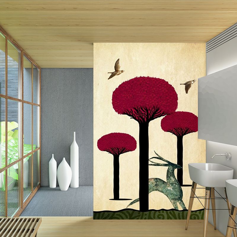 Deer Running Drawing Mural Decal Red and Yellow Modern Style Wall Art for Bedroom