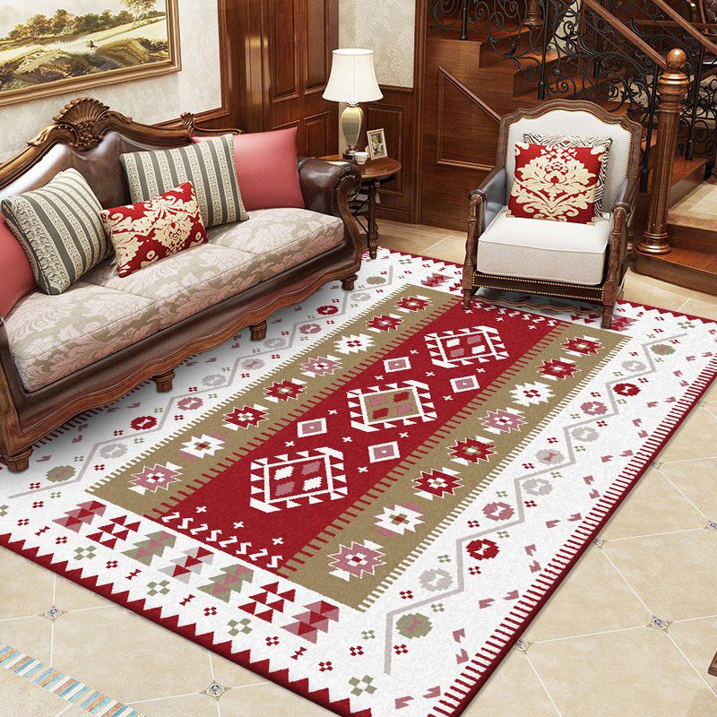 Tribal Southwestern Rug in Red and White Diamond Wave Pattern Rug Polyester Pet Friendly Carpet for Home Decoration