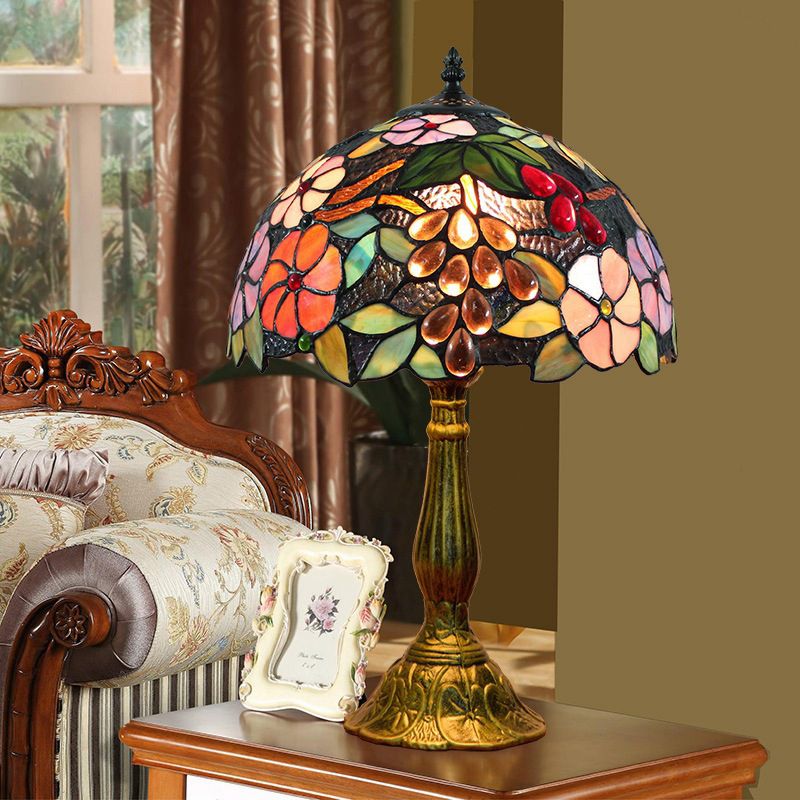 Bowl Table Light Tiffany Stained Art Glass Single Antique Brass Nightstand Lamp with Flower and Grape Pattern