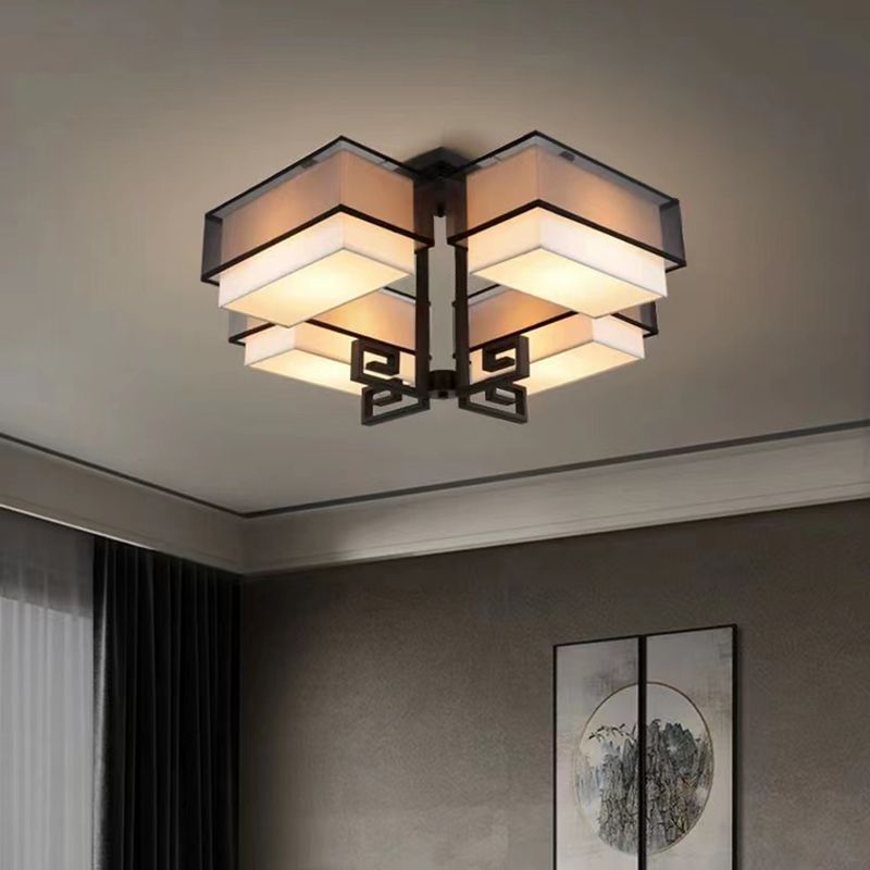 Traditional Fabric Semi Flush Light 4-Light Ceiling Fixture for Living Room